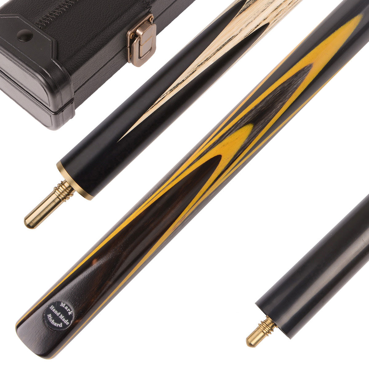 This Figured Ebony Lemon Yellow pool cue set comes in a classic Black cue case with a compact mini butt.