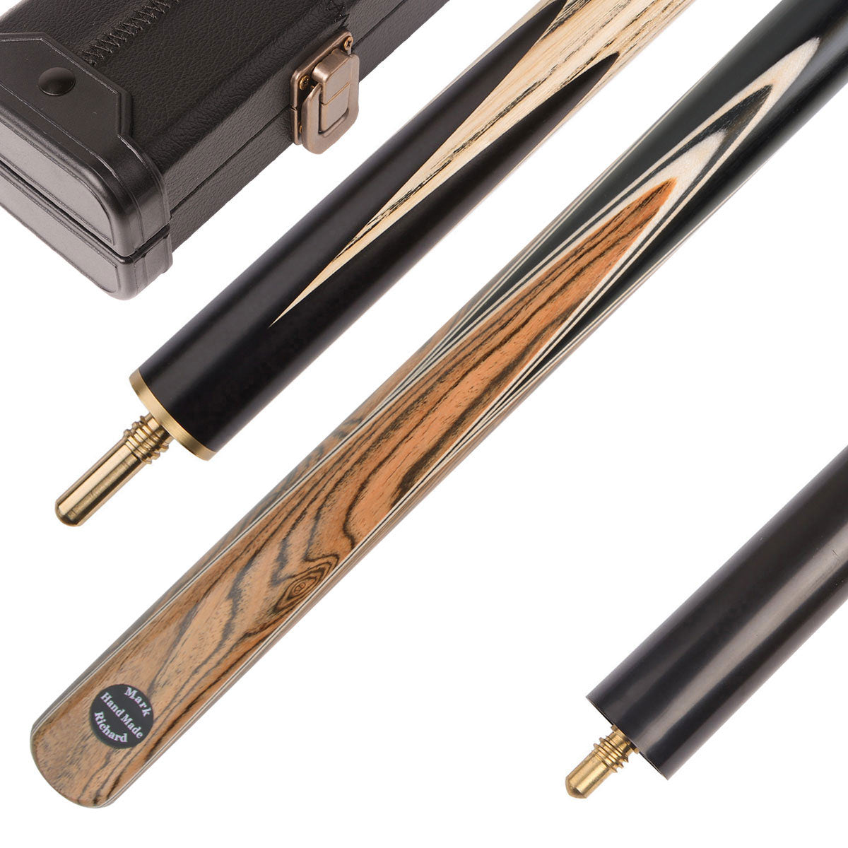 This Bocote Spliced White&Black pool cue set comes in a classic Black cue case with a compact mini butt.