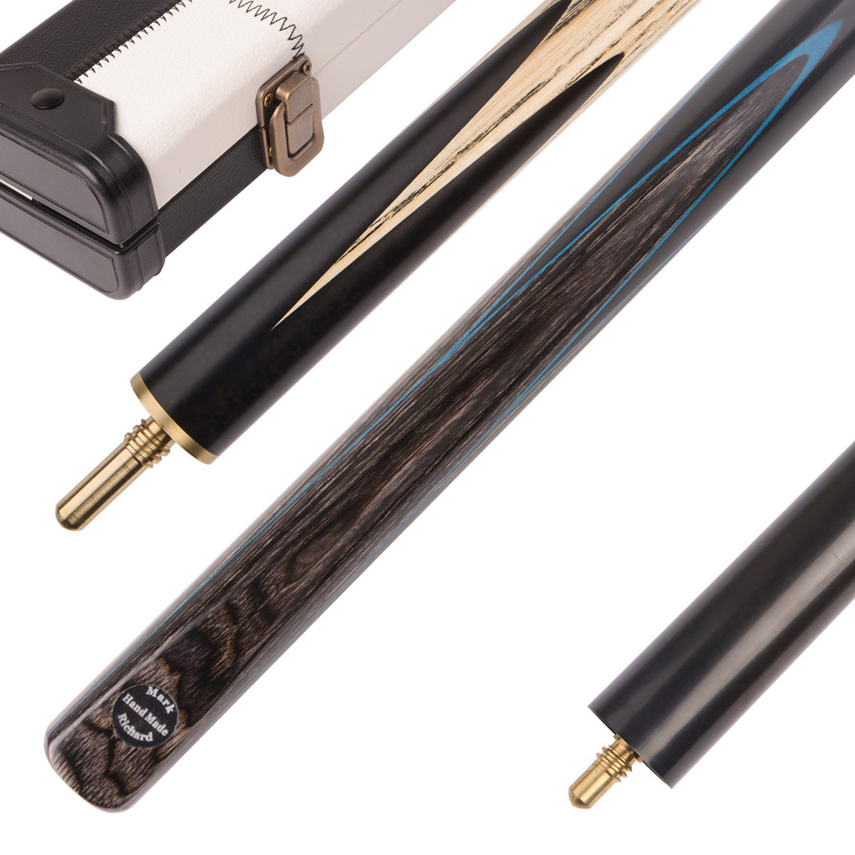 This Midnight Blue pool cue set comes in a Black & White cue case with a compact mini butt.