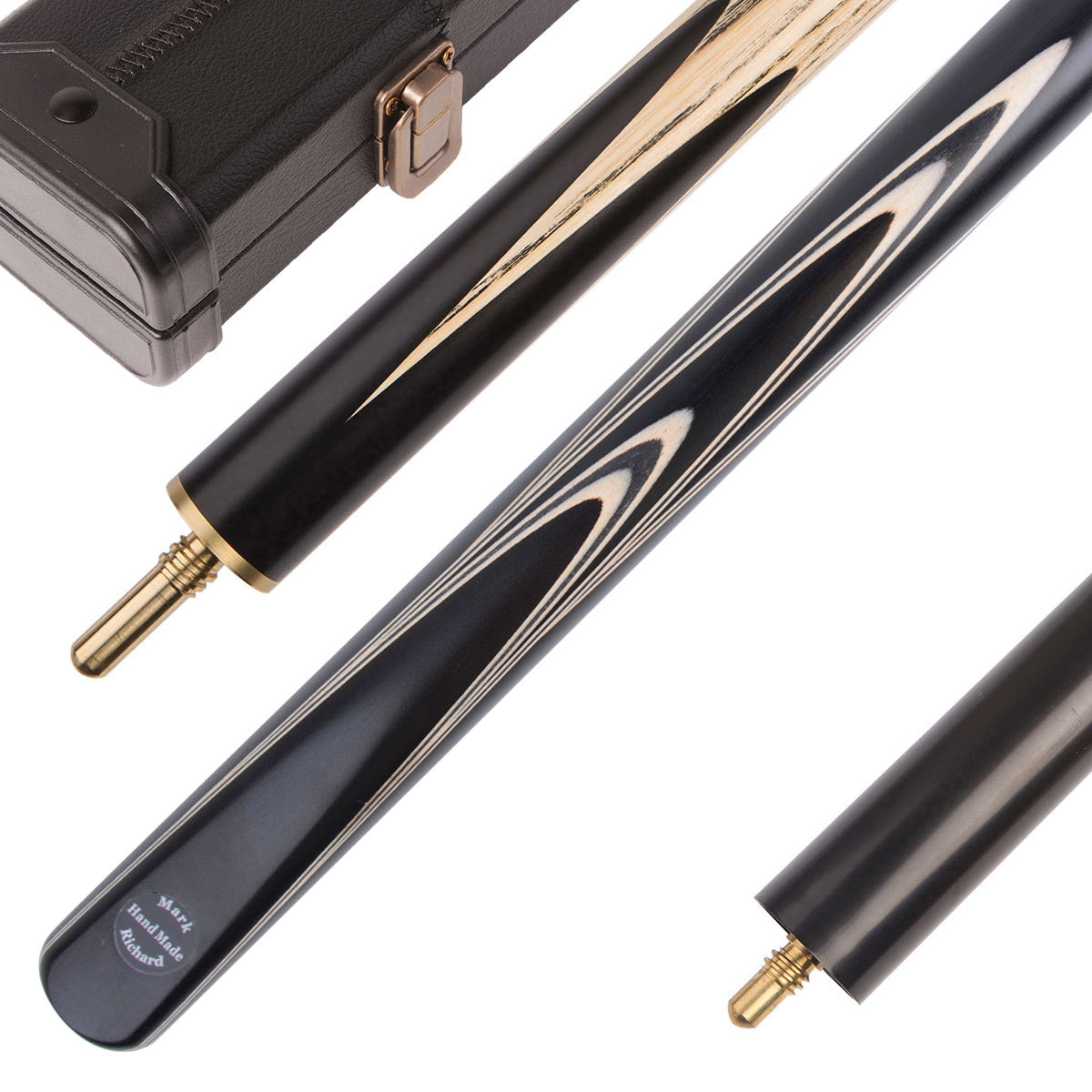 This Figured Ebony White&Black pool cue set comes in a classic Black cue case with a compact mini butt.