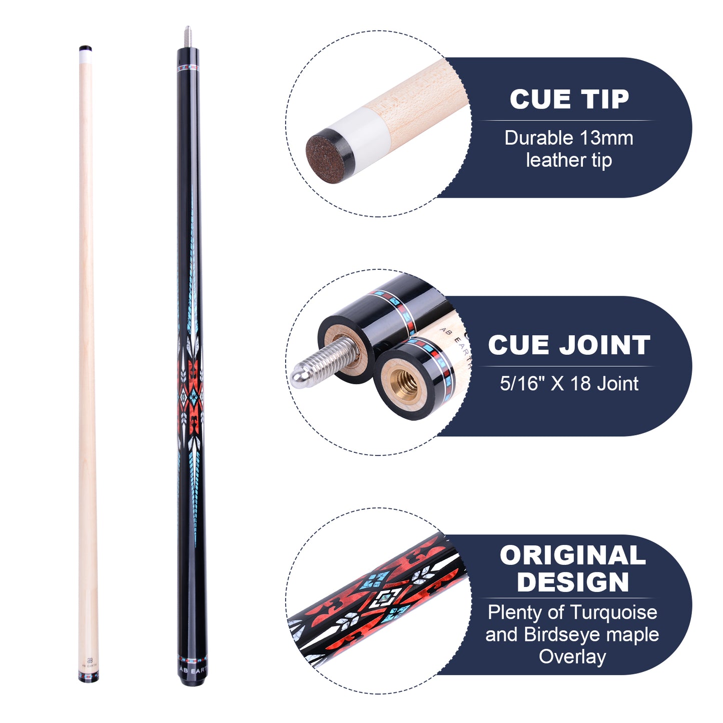 AB EARTH 36”/42”/48” American Short Pool Cues for Tight Places #K9
