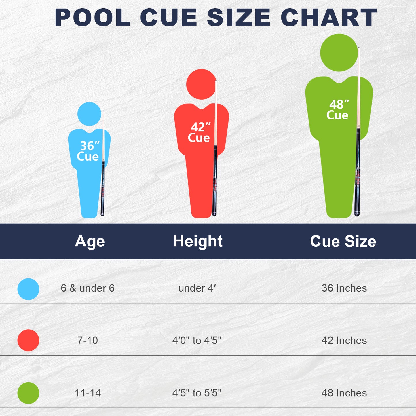 AB EARTH 36”/42”/48” American Short Pool Cues for Younger Players #K10