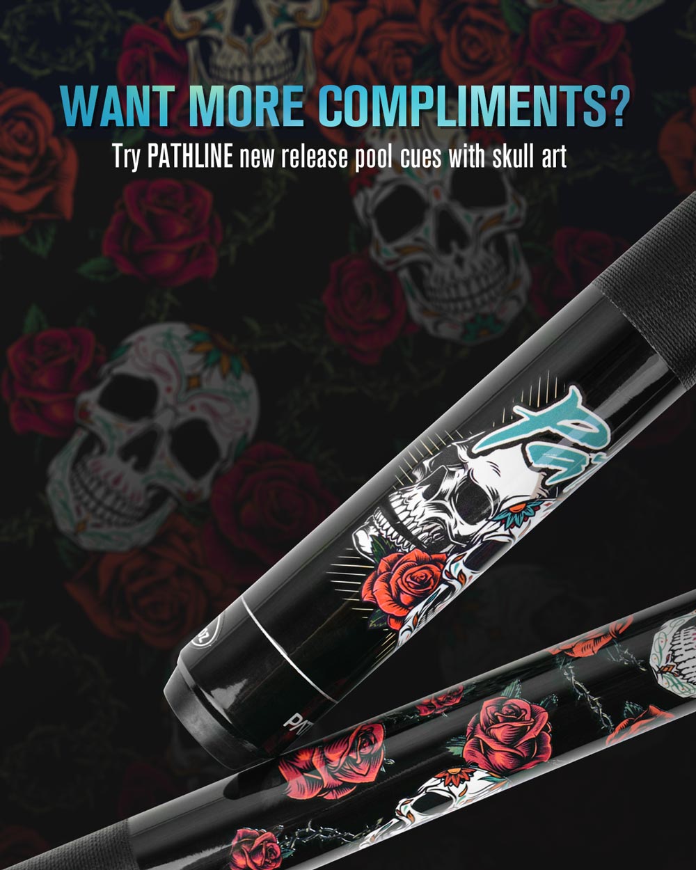 58" SKULL Design Maple 13mm Tip American Billiard Pool Stick - #PL518