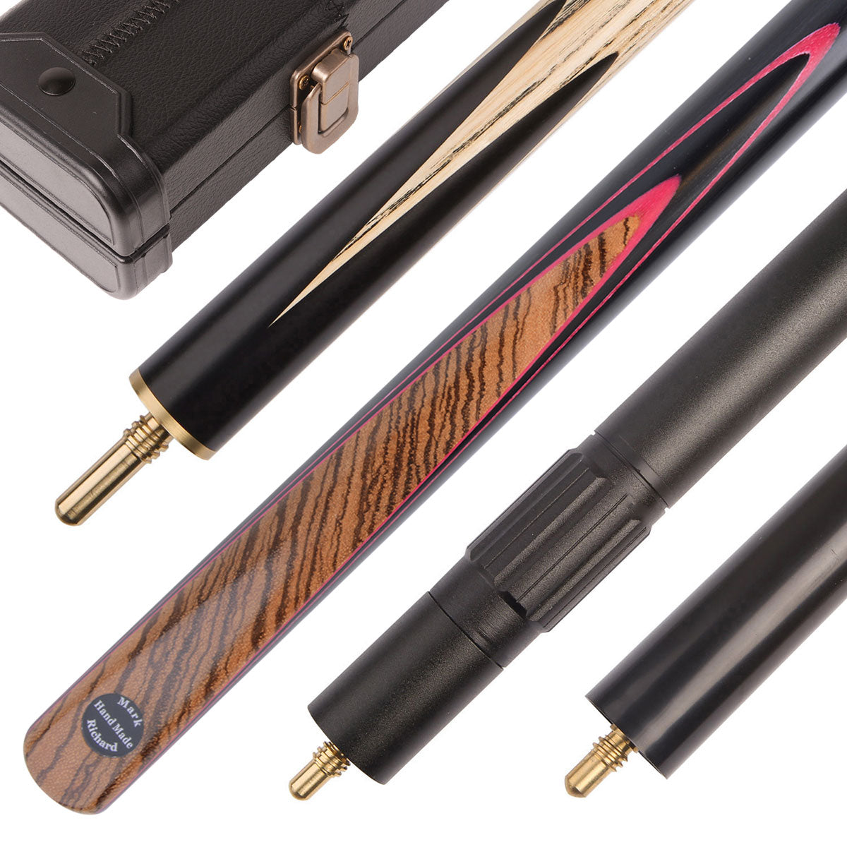 This Zebreano Rose Red pool cue set comes in a classic Black cue case with a smooth telescopic extension and a compact mini butt.