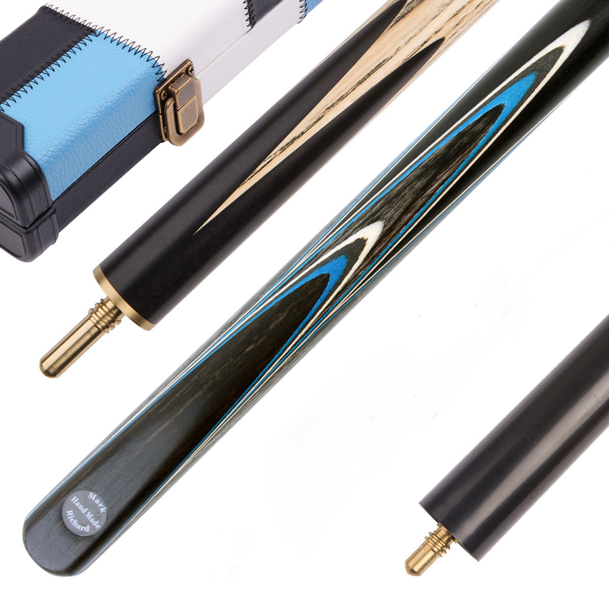 This Ebony Spliced Bright Blue pool cue set comes in a Black & Blue & White cue case with a compact mini butt.