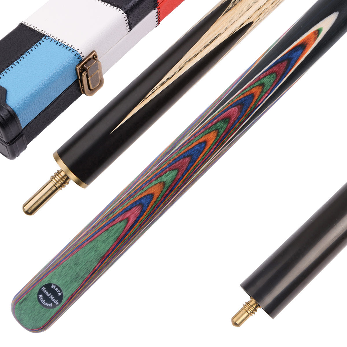 This multicolored pool cue set comes in a Black & Blue & White & Red cue case with a compact mini butt.