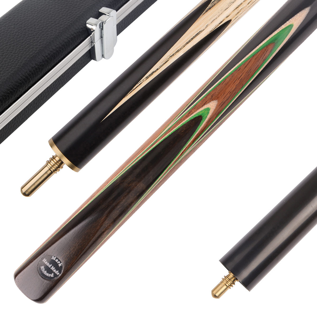 This Coconut Wood Green pool cue set comes in an upgraded black aluminum cue case with a compact mini butt.
