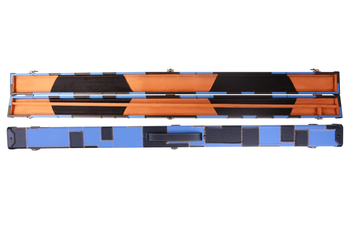 MARK RICHARD Black & Blue Patchwork Leatherette Case for 58 inch Snooker English Pool Cue #T106B