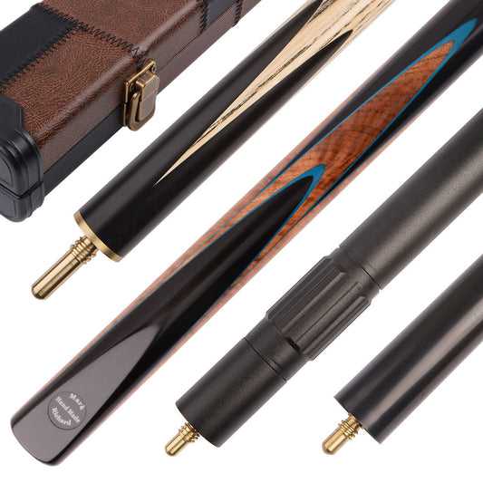 This Ebony & Burl Spliced Navy pool cue set comes in a Black & Brown cue case with a smooth telescopic extension and a compact mini butt.